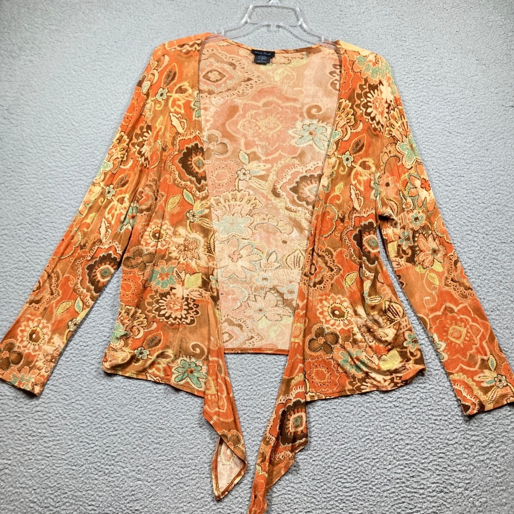 West End Cardigan Women XL Orange Paisley Floral Tie Front Slinky Boho Layer